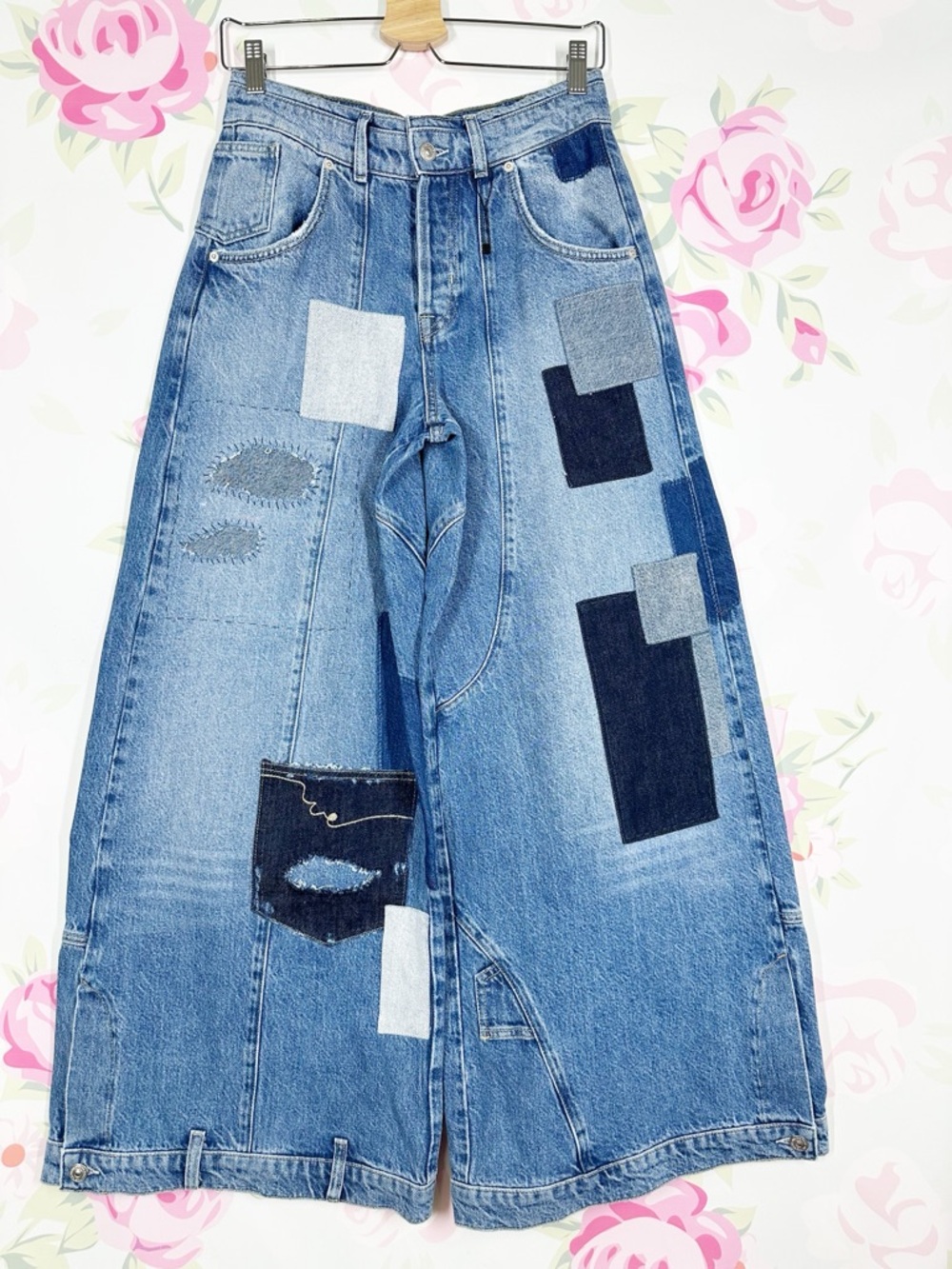 NEW Free People We The Free Head Over Heels Patchwork Wide Leg Denim Jeans 26